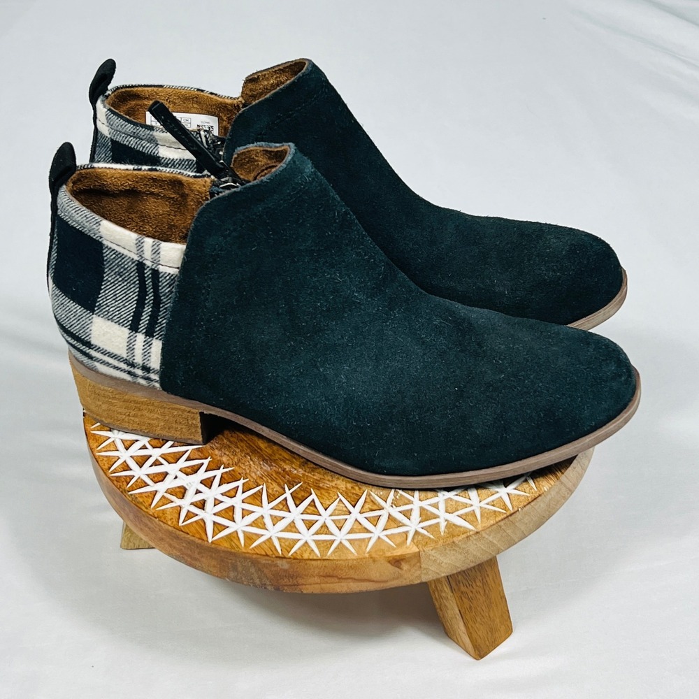 TOMS Deia Black Suede Plaid Ankle Boots Womens 9 Side Zip Block Heel 10014058